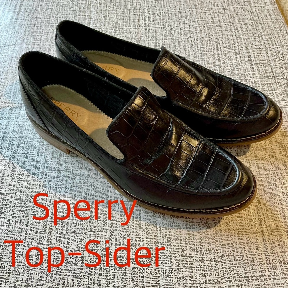 Sperry Top-Sider Black Croc Embossed Leather Loafers Flats shoes 8